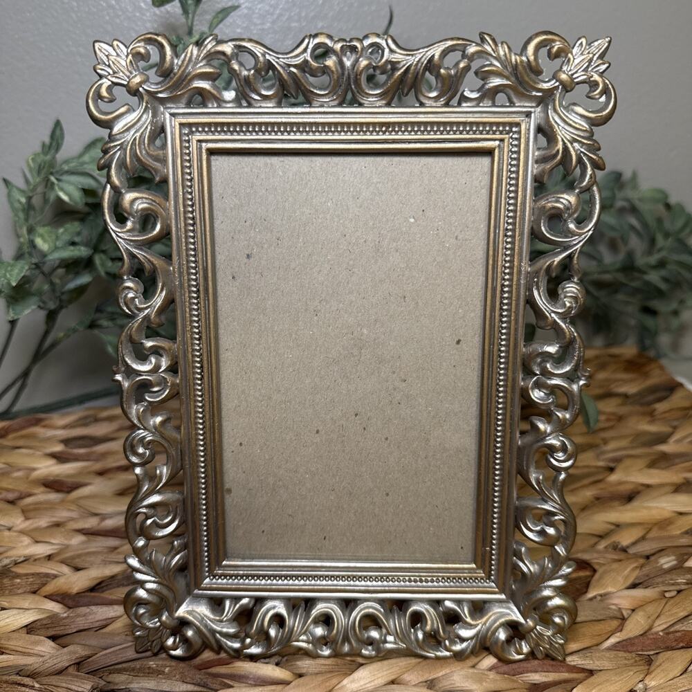 Burnes of Boston Ornate Metal 4x6 Picture Frame Gold Tone Scroll Easel Vintage